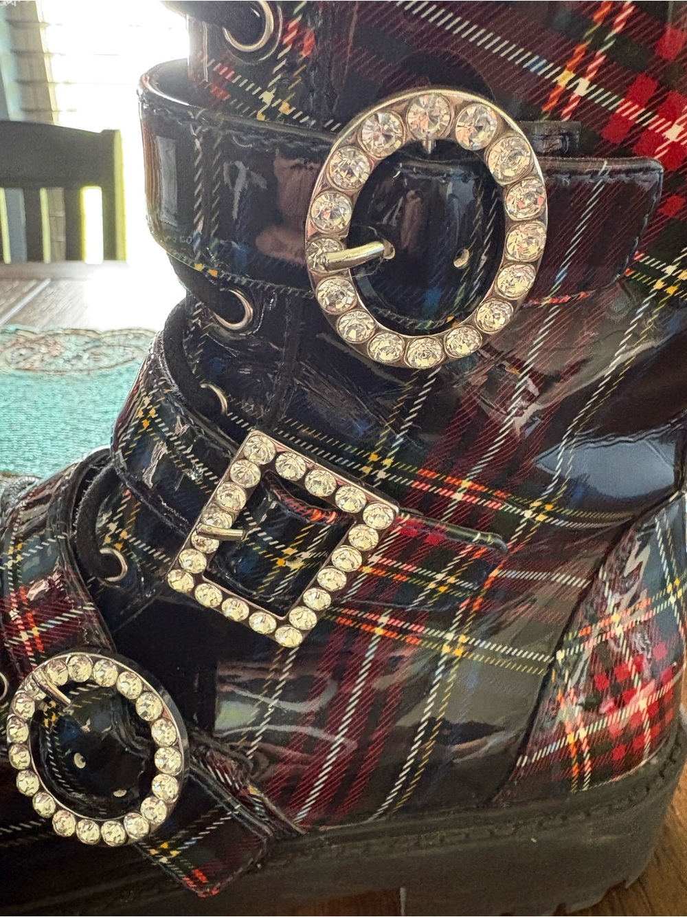 Jessica Simpson Red Plaid Combat Boots with Rhinestone Buckles - Picture 6 of 7